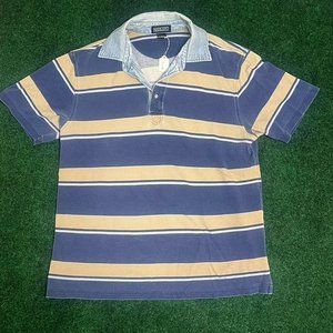 Vintage Land's End Denim Collar Striped Polo Shirt.